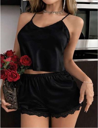 Arias Closet Siyah İnce Askılı Dantel İşlemeli Saten Şortlu Takım