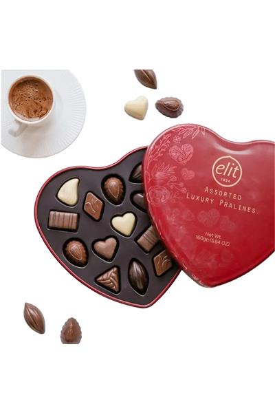 Elit Luxury Pralines Glutensiz Çikolata Metal Kalp Kutu 160 g