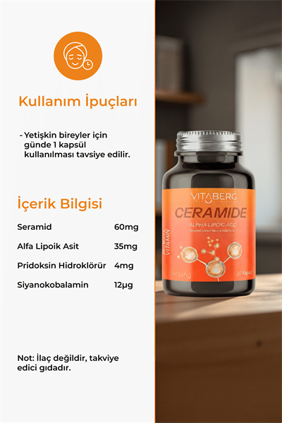 Vitaberg Ceramide 30 Kapsül | Seramid, Alfa Lipoik Asit, Vitamin C, B6 ve B12 | Vegan