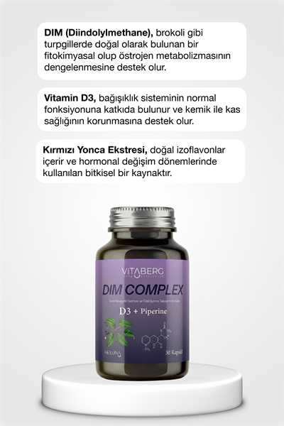 Vitaberg Dim Complex 30 Kapsül – DIM 100 mg, D3 ve Bitkisel Ekstreler İçeren Takviye Edici Gıda