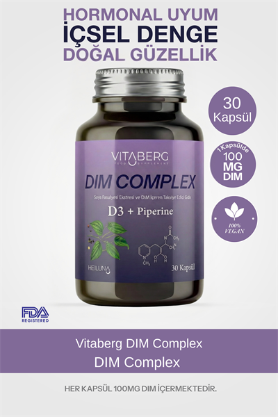 Vitaberg Dim Complex 30 Kapsül – DIM 100 mg, D3 ve Bitkisel Ekstreler İçeren Takviye Edici Gıda