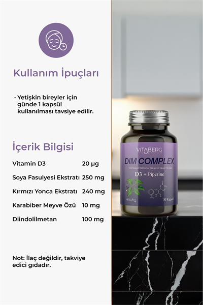 Vitaberg Dim Complex 30 Kapsül – DIM 100 mg, D3 ve Bitkisel Ekstreler İçeren Takviye Edici Gıda