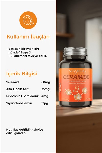 Vitaberg Ceramide 30 Kapsül | Seramid, Alfa Lipoik Asit, Vitamin C, B6 ve B12 | Vegan