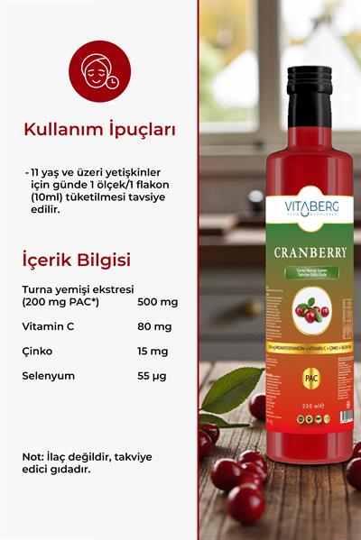 Vitaberg Cranberry Extract Sıvı Takviye | Vitamin C, Çinko, Selenyum İçeren Formül