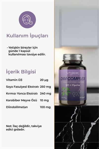 Vitaberg Dim Complex 30 Kapsül – DIM 100 mg, D3 ve Bitkisel Ekstreler İçeren Takviye Edici Gıda