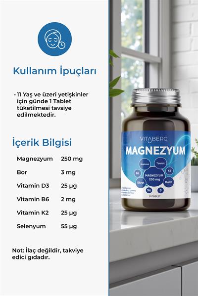 Vitaberg Magnezyum | Bisglisinat, Taurat, Sitrat, Malat + K2, B6, Bor, Selenyum