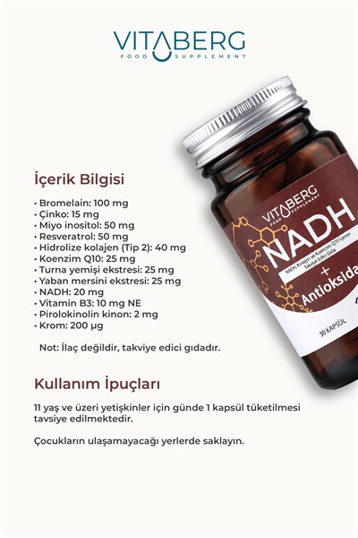 Vitaberg NADH Antioksidan+ | PQQ, Koenzim Q10, Resveratrol, Kolajen Tip II