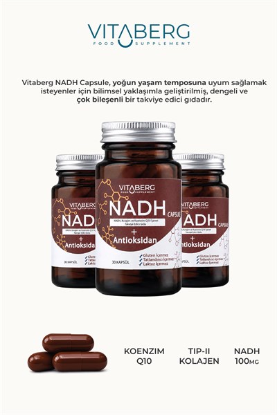 Vitaberg NADH Antioksidan+ | PQQ, Koenzim Q10, Resveratrol, Kolajen Tip II