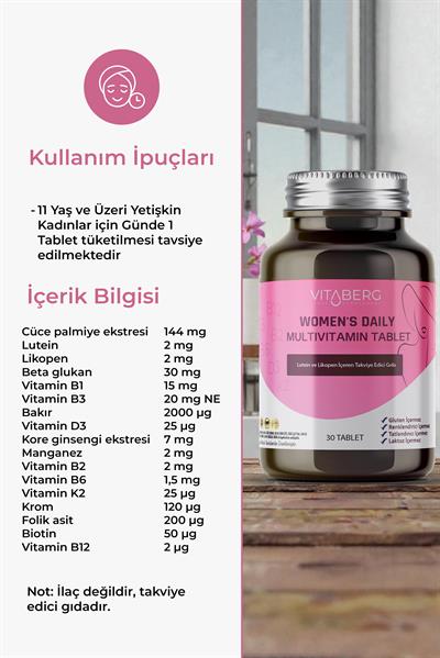 Vitaberg Womens Daily Multivitamin Tablet | B Vitaminleri, Beta Glukan, Lutein ve Likopen