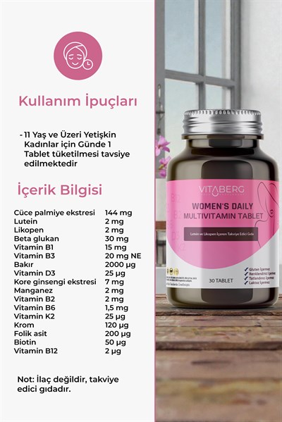 Vitaberg Women’s Daily Multivitamin Tablet | B Vitaminleri, Beta Glukan, Lutein ve Likopen