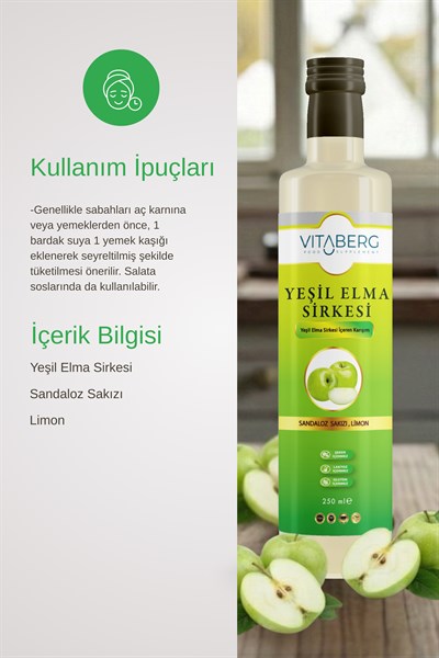 Yeşil Elma Sirkesi | Sandaloz Sakızı ve Limon Ekstrakt İçeren Karışım 250 ml