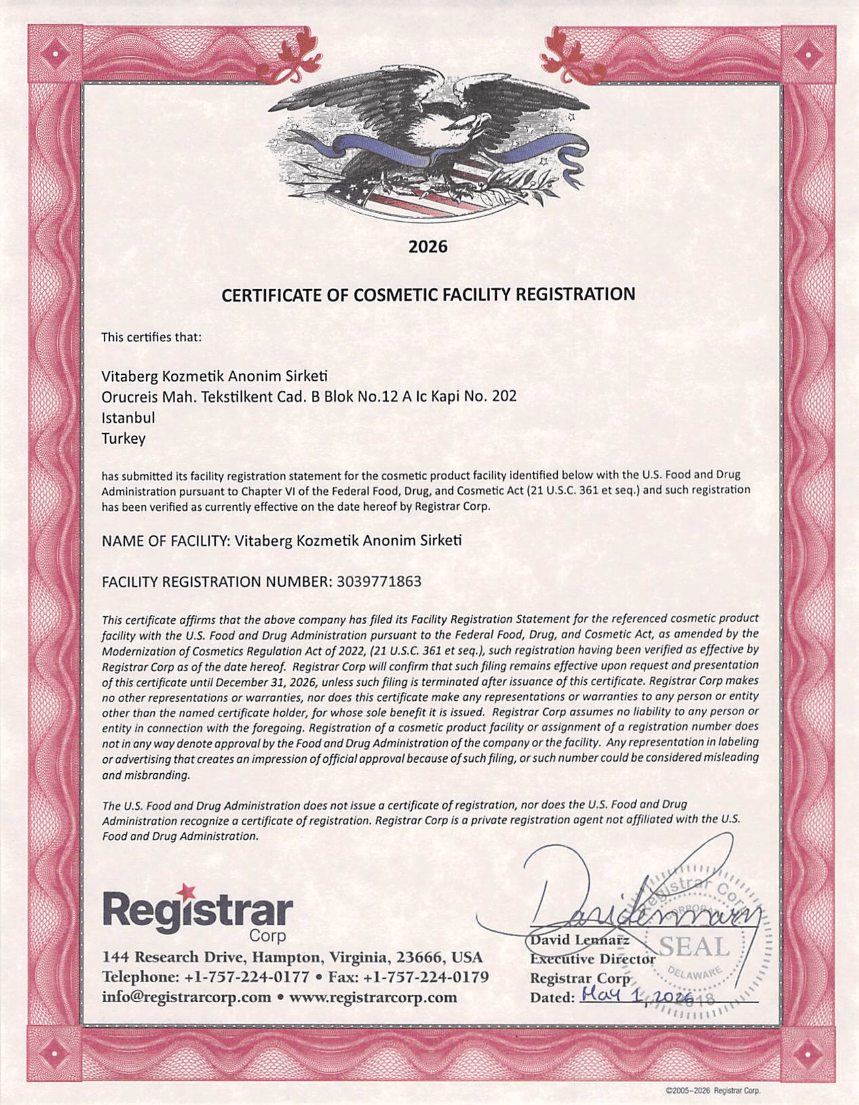 USA Cosmetic Registration Certificate