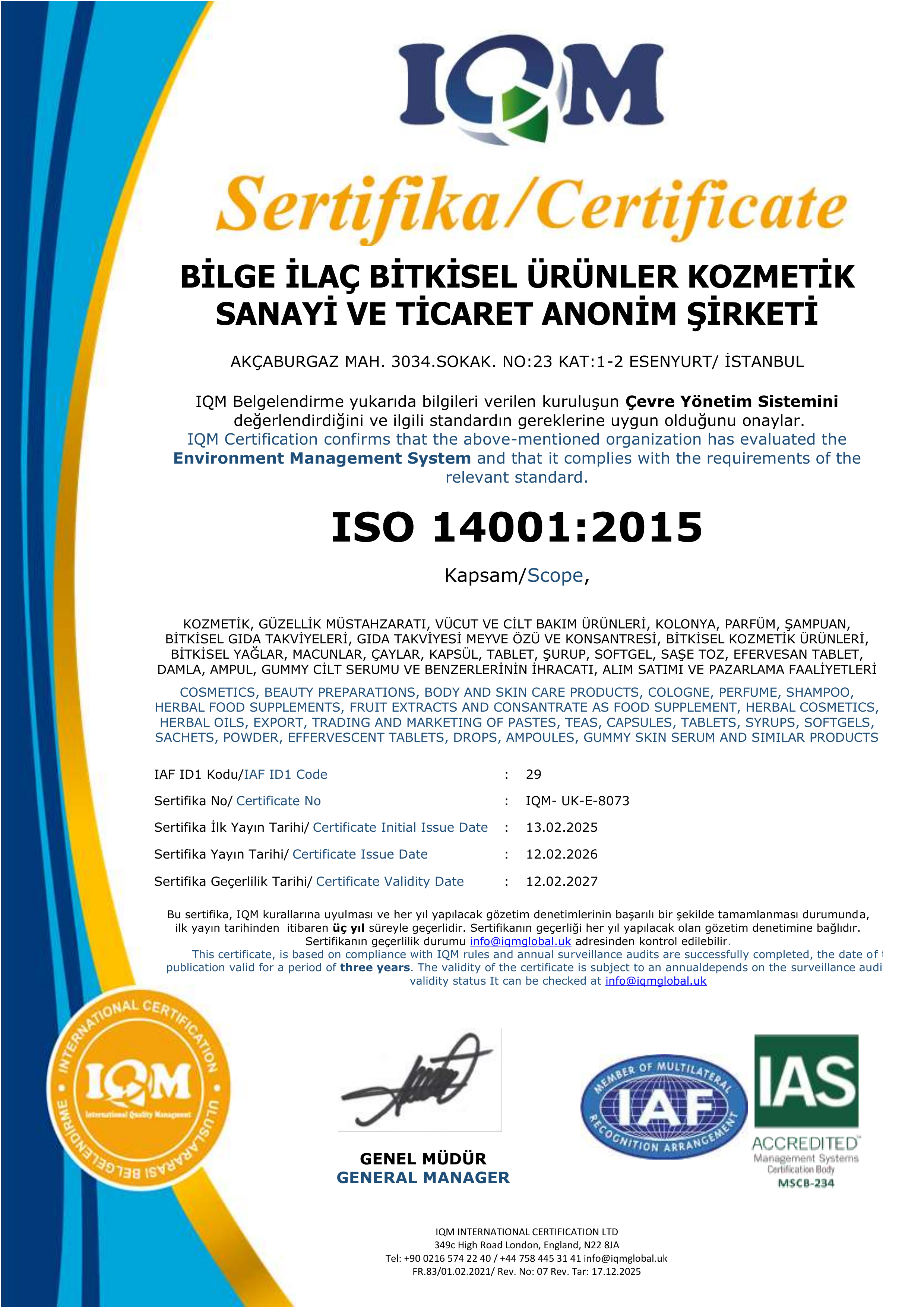 ISO 14001:2015 Certificate