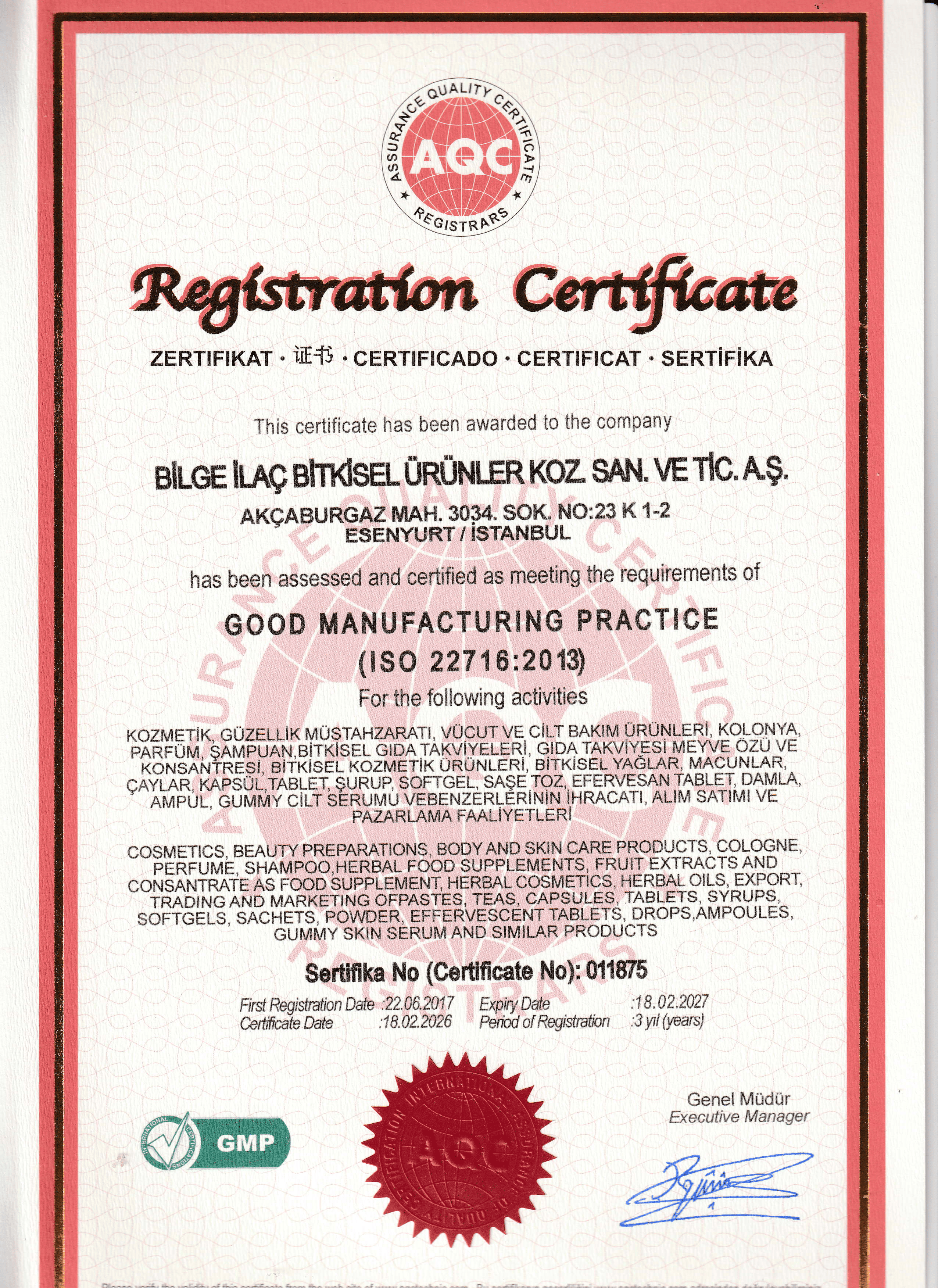 ISO 22716:2015 Certificate
