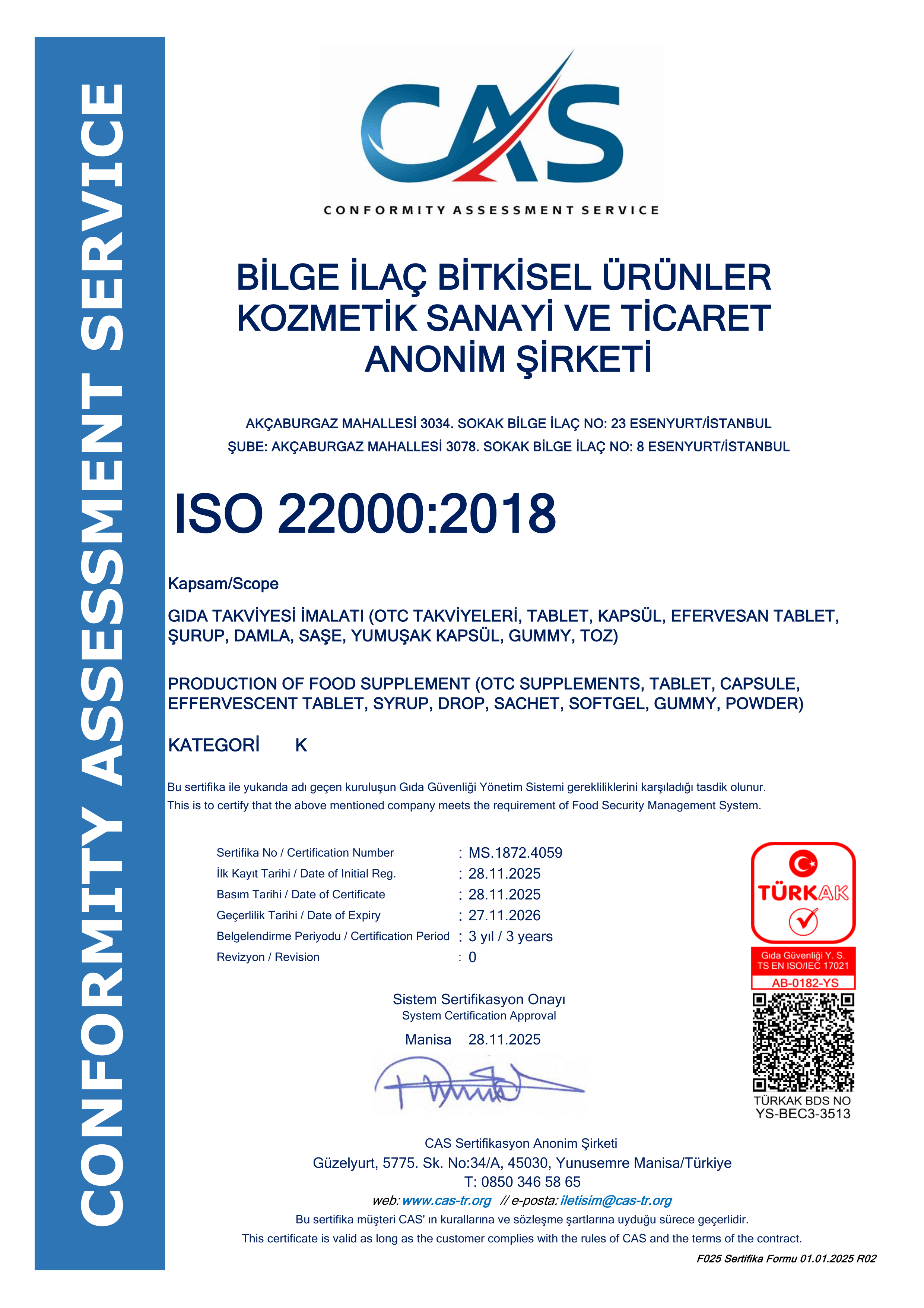 ISO 22000:2018 Certificate