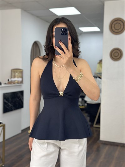 Lacivert Halter Yaka Dekolteli Bluz 