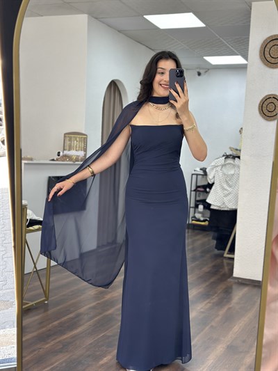 Lacivert Şal Detaylı Straplez Abiye Elbise 