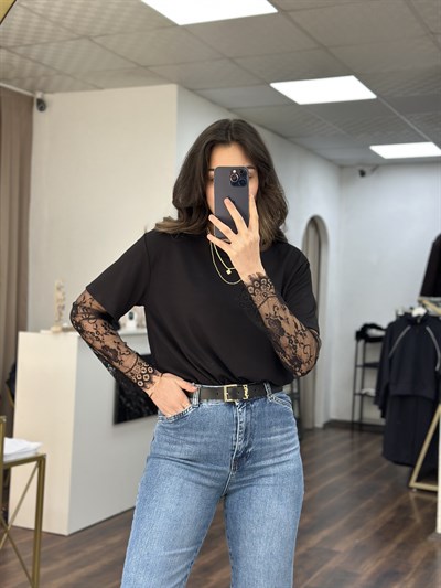 Siyah Dantel Kollu Modal T-shirt