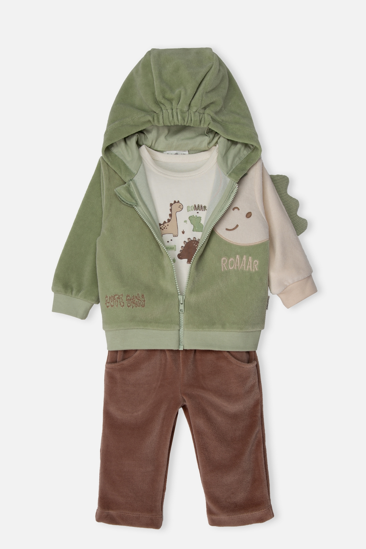 KADİFE KAPŞONLU HIRKA 3LÜ TAKIM (CUTE DINO) YEŞİL