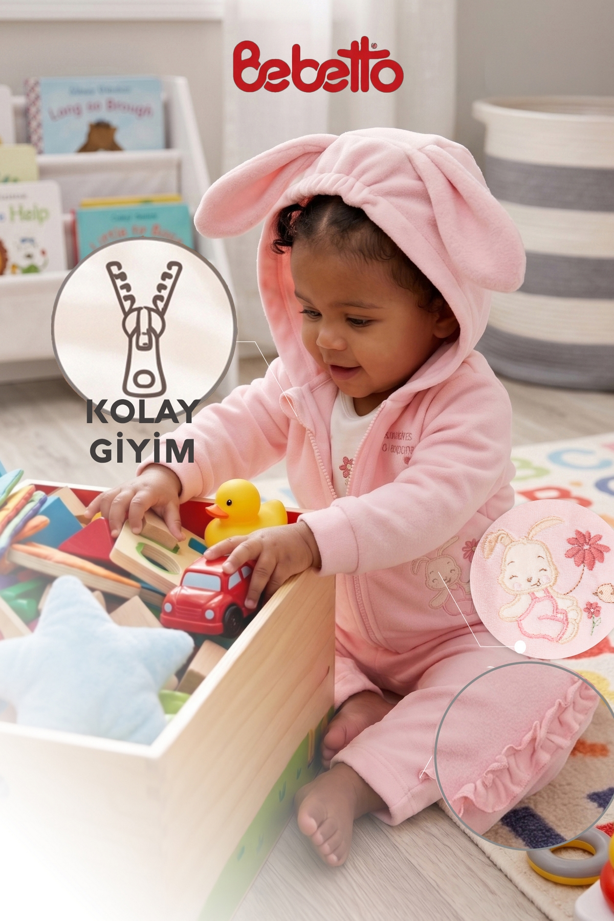KADİFE KAPŞONLU HIRKA 3LÜ TAKIM (HAPPY BUNNY) PEMBE