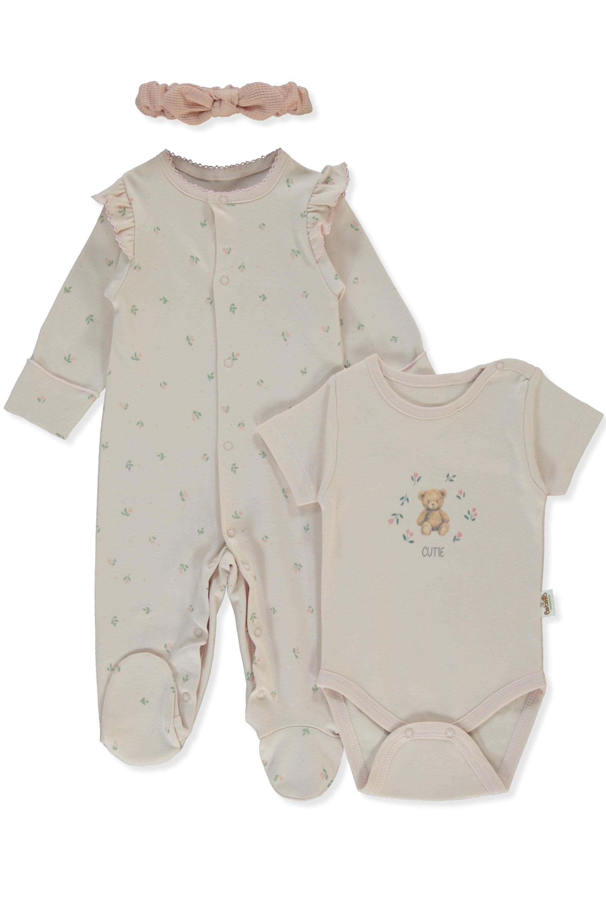 ORGANİK İNTERLOK PATİKLİ TULUM SET 3LÜ (ORGANIC CUTE BEAR) EKRU