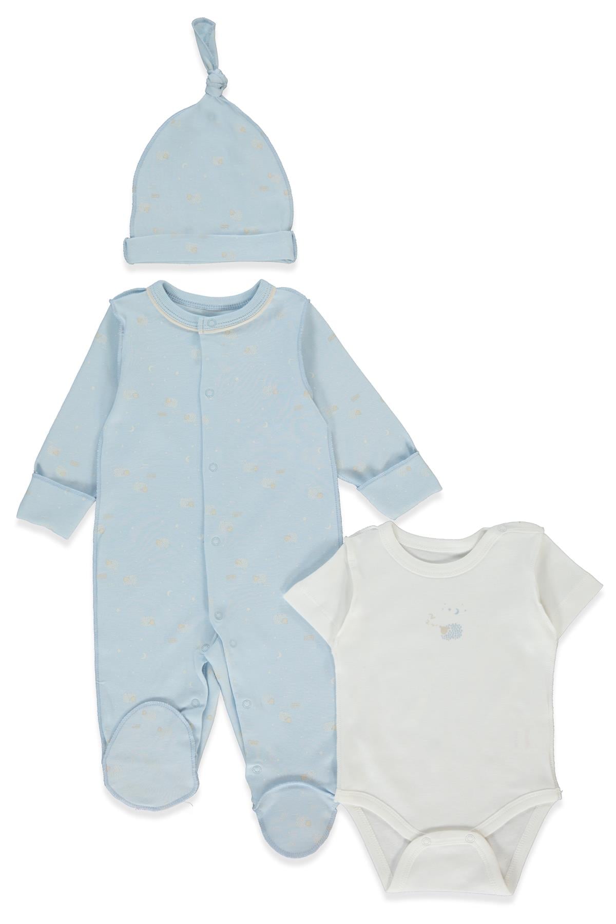 ORGANİK İNTERLOK TULUM SET 3LÜ (ORGANIC SLEEPY SHEEPY) MAVİ