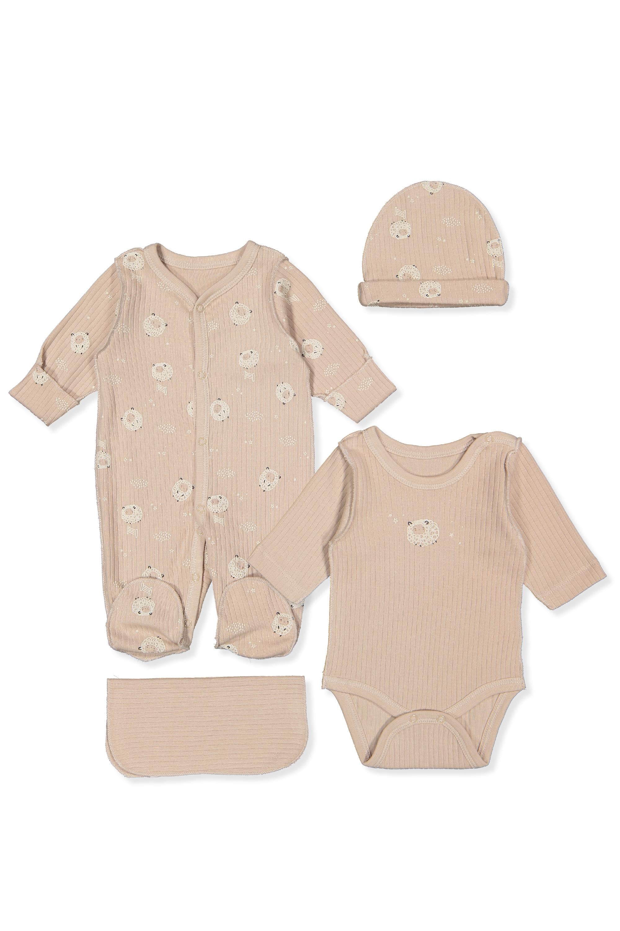 ORGANİK RAPORLU İNTERLOK PREMATURE TULUM SET 4LÜ (ORGANIC LITTLE LAMB) BEJ
