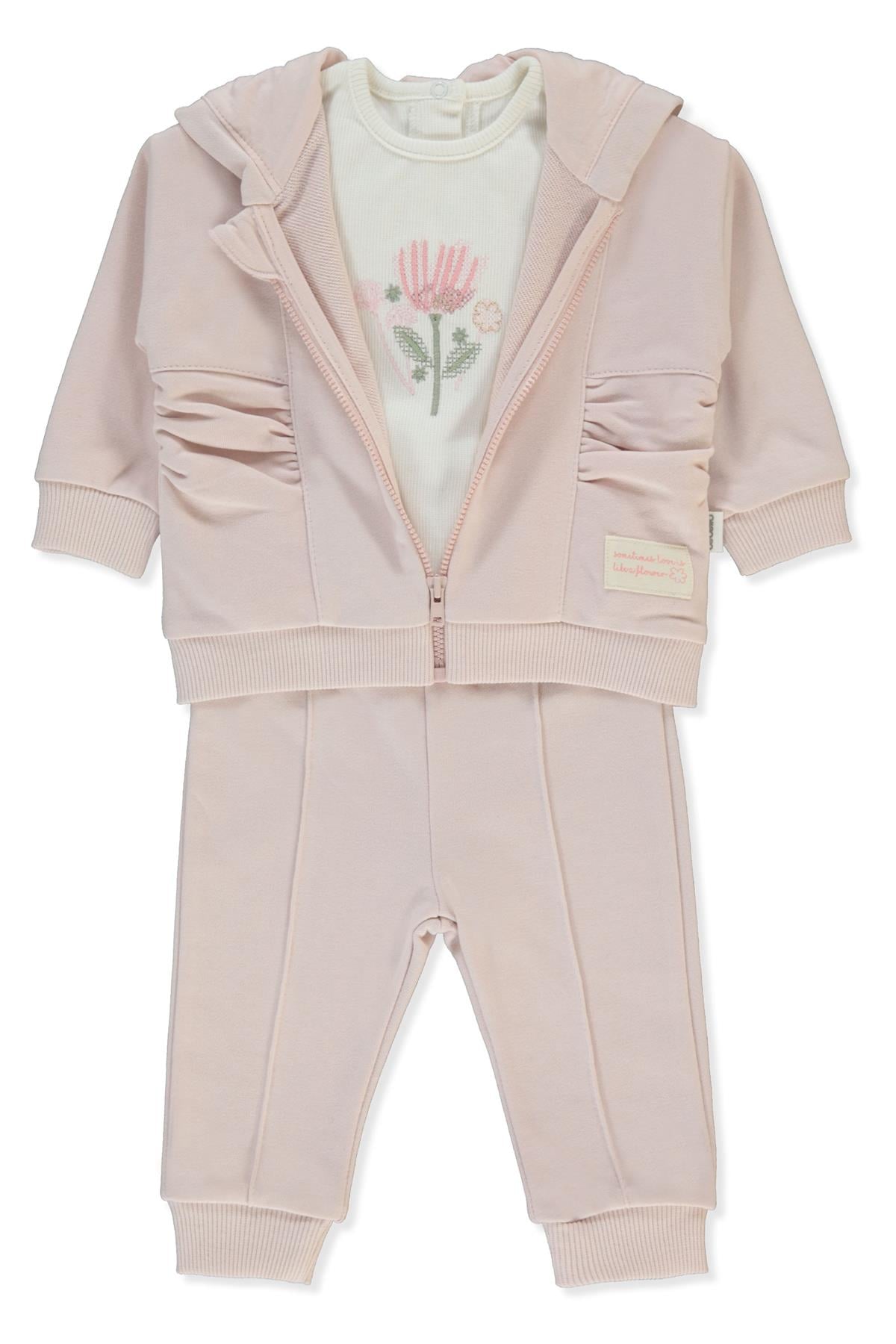 ÜÇ İP KAPŞONLU HIRKA 3LÜ TAKIM (RETRO FLOWER) PUDRA