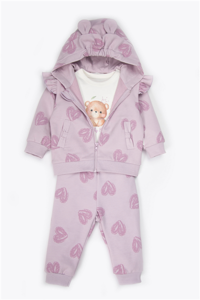 İKİ İP KAPŞONLU HIRKA 3LÜ TAKIM (CANDY BEAR) LİLA
