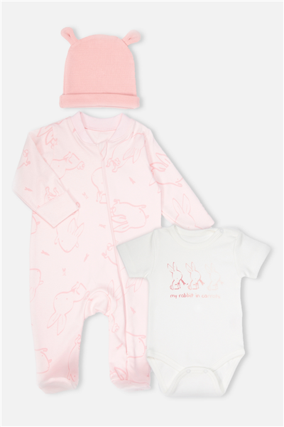 İNTERLOK PATİKLİ TULUM SET 3LÜ (RABBIT AND CARROTS) PEMBE