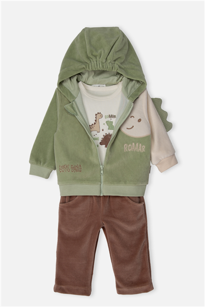 KADİFE KAPŞONLU HIRKA 3LÜ TAKIM (CUTE DINO) YEŞİL