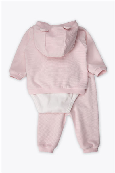 KADİFE KAPŞONLU HIRKA 3LÜ TAKIM (HAPPY WITH MOMMY) PEMBE