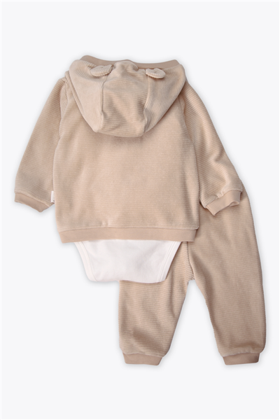 KADİFE KAPŞONLU HIRKA 3LÜ TAKIM (HAPPY WITH MOMMY) BEJ