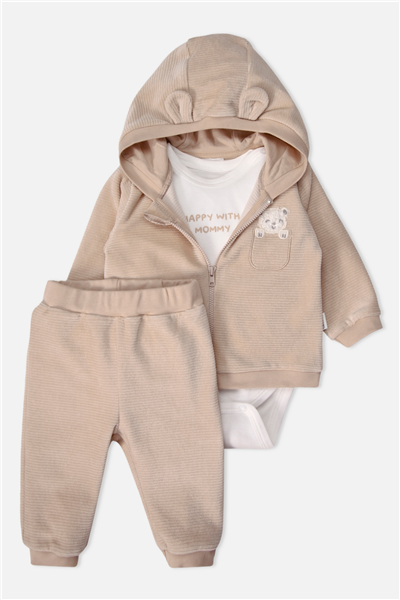 KADİFE KAPŞONLU HIRKA 3LÜ TAKIM (HAPPY WITH MOMMY) BEJ
