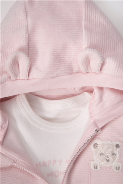 KADİFE KAPŞONLU HIRKA 3LÜ TAKIM (HAPPY WITH MOMMY) PEMBE