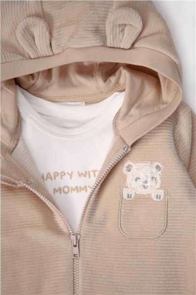 KADİFE KAPŞONLU HIRKA 3LÜ TAKIM (HAPPY WITH MOMMY) BEJ