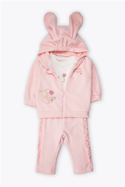 KADİFE KAPŞONLU HIRKA 3LÜ TAKIM (HAPPY BUNNY) PEMBE