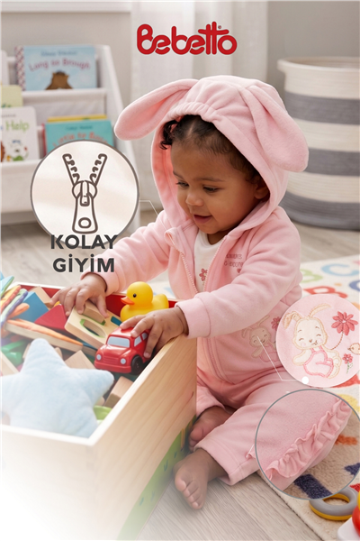 KADİFE KAPŞONLU HIRKA 3LÜ TAKIM (HAPPY BUNNY) PEMBE