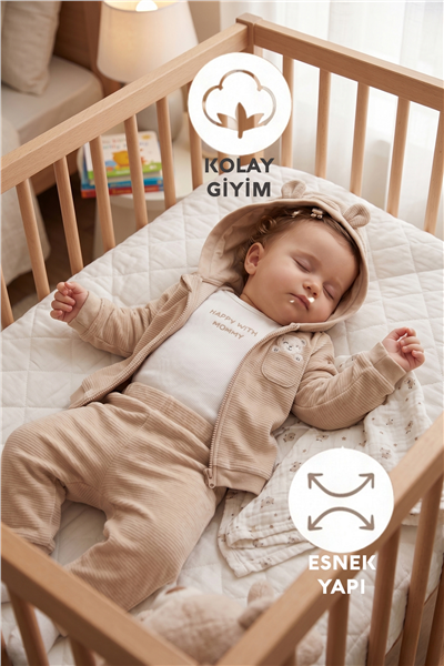 KADİFE KAPŞONLU HIRKA 3LÜ TAKIM (HAPPY WITH MOMMY) BEJ