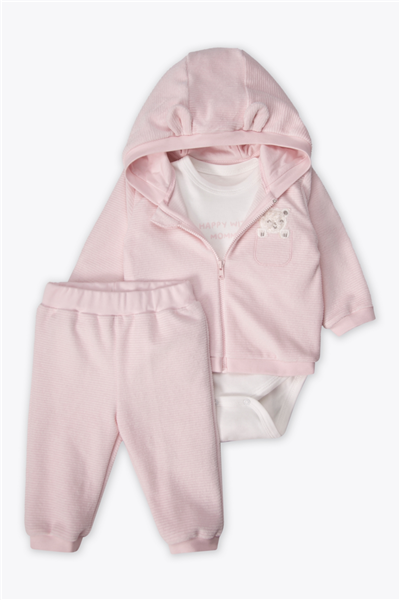 KADİFE KAPŞONLU HIRKA 3LÜ TAKIM (HAPPY WITH MOMMY) PEMBE