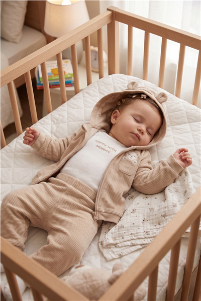 KADİFE KAPŞONLU HIRKA 3LÜ TAKIM (HAPPY WITH MOMMY) BEJ