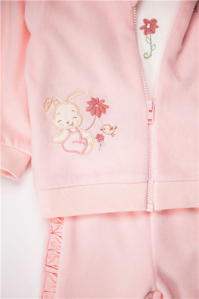 KADİFE KAPŞONLU HIRKA 3LÜ TAKIM (HAPPY BUNNY) PEMBE