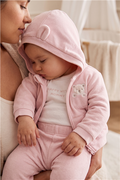 KADİFE KAPŞONLU HIRKA 3LÜ TAKIM (HAPPY WITH MOMMY) PEMBE