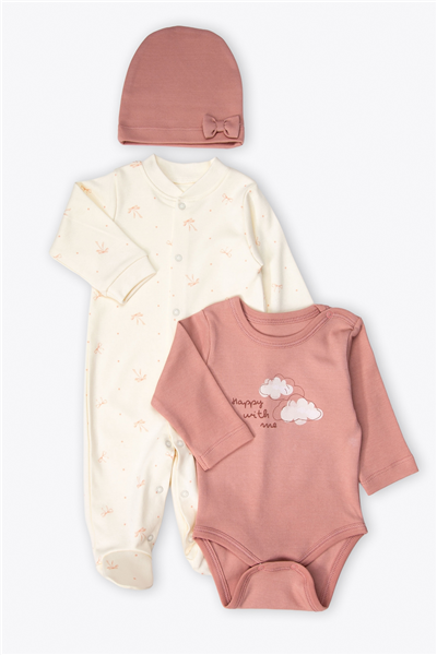 ORGANİK İNTERLOK PATİKLİ TULUM SET 3LÜ (ORGANIC WELCOME BABY) GÜL KURUSU