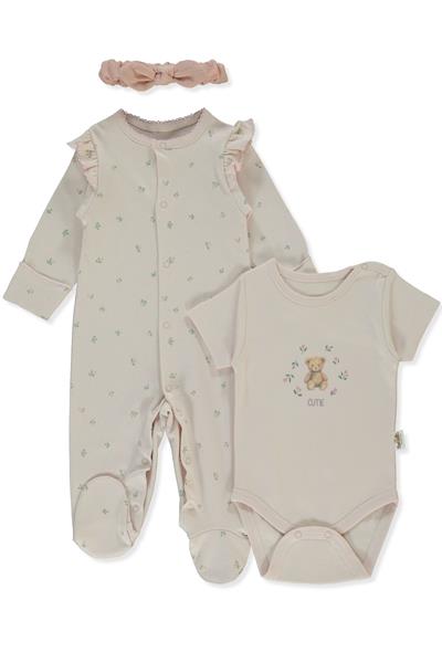 ORGANİK İNTERLOK PATİKLİ TULUM SET 3LÜ (ORGANIC CUTE BEAR) EKRU