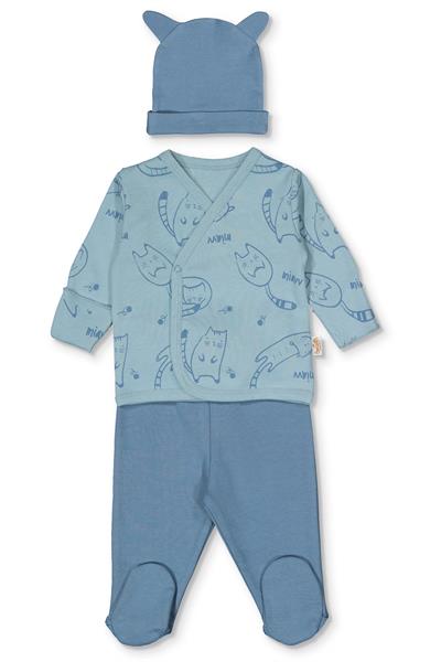 ORGANİK İNTERLOK ZIBIN SET 3LÜ (ORGANIC SLEEPY CAT) İNDİGO