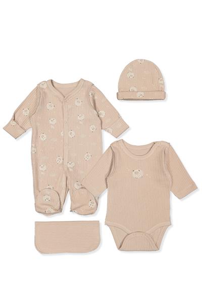 ORGANİK RAPORLU İNTERLOK PREMATURE TULUM SET 4LÜ (ORGANIC LITTLE LAMB) BEJ
