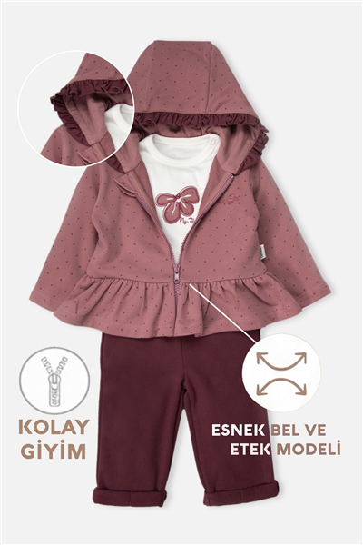 ÜÇ İP KAPŞONLU HIRKA 3LÜ TAKIM (VINTAGE GIRL) GÜL KURUSU