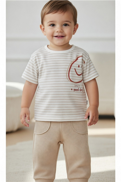 WAFFLE PANTOLON 2Lİ TAKIM (STRIPED) BEJ