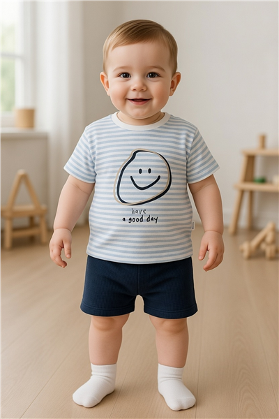 WAFFLE ŞORT 2Lİ TAKIM (STRIPED) MAVİ